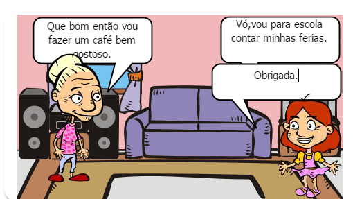 Bia vai a escola depois das ferias,e conta para os amigos sobre as suas ferias