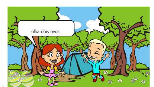               Um dia duas pessoas estavam em um acampamento e viram dois ovos nas flores.depois nasceram um coelho de cada ovo.