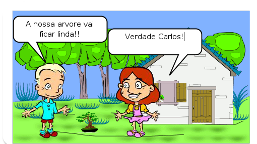 Maria e Carlos ajudam o meio ambiente plantando uma arvore, o que eles irâo fazer para que ela cresce e fica linda do jeito que eles estâo pensando