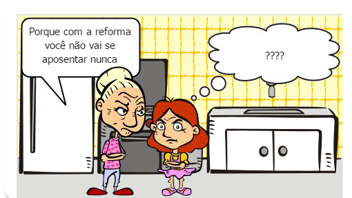 Tirinha sarcástica sobre a revisão da aposentadoria.