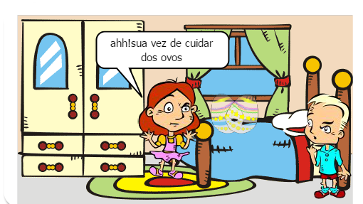               Um dia duas pessoas estavam em um acampamento e viram dois ovos nas flores.depois nasceram um coelho de cada ovo.