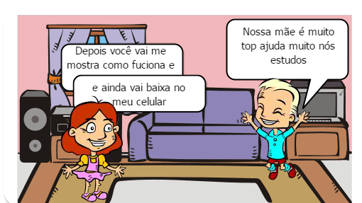 o menino ensinando a mãe  tudo sobre a tecnologia.Só que a mãe não entende nada 