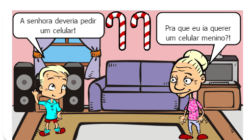 Filho tentando convencer a avó que um celular é o melhor presente de natal.