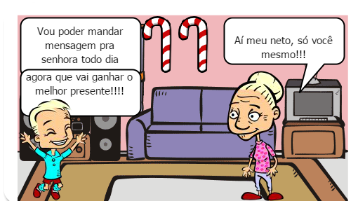 Filho tentando convencer a avó que um celular é o melhor presente de natal.