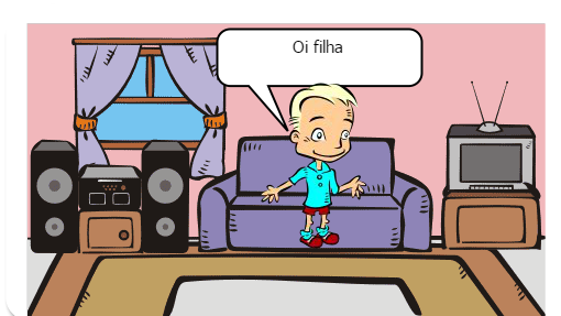 Pai conversando com sua filha sobre redes sociais, e a sua avó incentivando ela a ler um bom livro. 