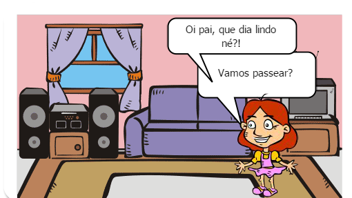 Pai conversando com sua filha sobre redes sociais, e a sua avó incentivando ela a ler um bom livro. 
