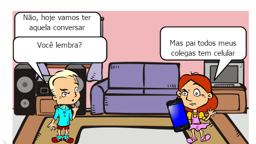 Pai conversando com sua filha sobre redes sociais, e a sua avó incentivando ela a ler um bom livro. 