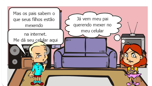 Pai conversando com sua filha sobre redes sociais, e a sua avó incentivando ela a ler um bom livro. 