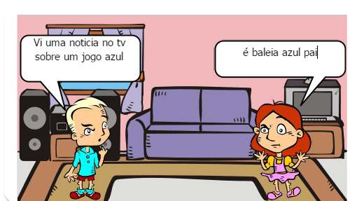 Pai conversando com sua filha sobre redes sociais, e a sua avó incentivando ela a ler um bom livro. 