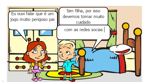 Pai conversando com sua filha sobre redes sociais, e a sua avó incentivando ela a ler um bom livro. 