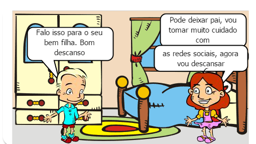 Pai conversando com sua filha sobre redes sociais, e a sua avó incentivando ela a ler um bom livro. 