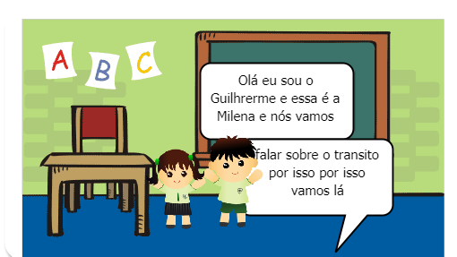 Crianças estão aprendendo as regras do transito, elas falam sobre a atenção no transito e falam também sobre como é importante prestarmos atenção ao atravessar 