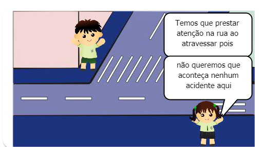 Crianças estão aprendendo as regras do transito, elas falam sobre a atenção no transito e falam também sobre como é importante prestarmos atenção ao atravessar 