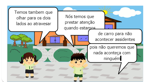 Crianças estão aprendendo as regras do transito, elas falam sobre a atenção no transito e falam também sobre como é importante prestarmos atenção ao atravessar 