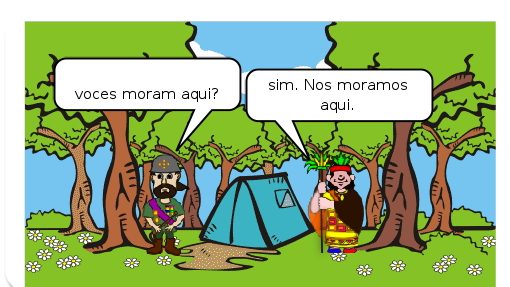 Era uma vez portugueses e espanhóis que se lançaram ao mar para explorar terras, acharam a América e os índios, primeiro encontro foi de amizade.