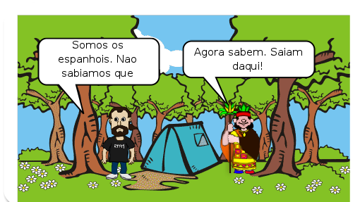Era uma vez portugueses e espanhóis que se lançaram ao mar para explorar terras, acharam a América e os índios, primeiro encontro foi de amizade.