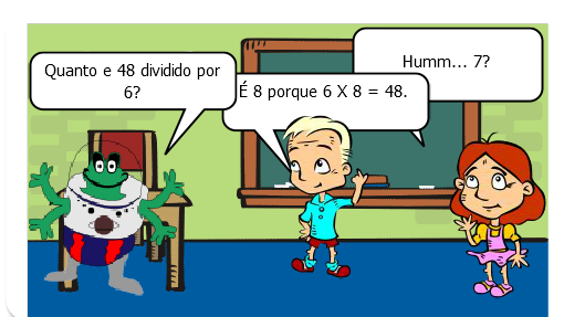 Personagens na escola resolvendo atividades de Matemática.