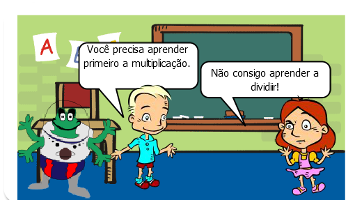 Personagens na escola resolvendo atividades de Matemática.