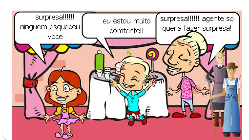hoje e um dia muito especial para lucas pois ele fara 10 anos  de idade,  lucas mora  em uma cidade no interior  com sua vovo  maria e sua  maninha luiza, ele tem muitos amigos na vizinhança  logo  nesse dia tao especial o aniversariante esta triste pois ninguem  lenbrou que seu aniversario era hoje emconsolavel foi caminhar,  levou a tarde toda chateado  quando chegou em sua casa  sua tinha uma grande festa com todos os seus amigo  ninguem esqueceu do seu aniversario apenas queria lhe fazer uma surpresa.