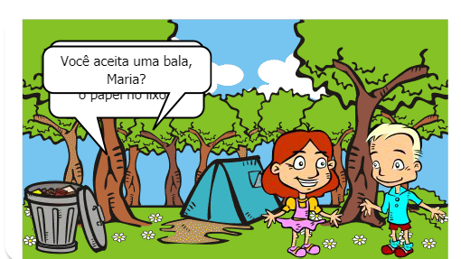 Um menino tem duas balas e divide com sua amiga.<br />
Assim que esse menino dá a sua bala para o amiga ele joga o papel no chão e seu amiga questiona:<br />
_ Porque não joga o papel na lixeira logo ali?<br />
Ele responde:<br />
_ Está longe e além do mais terá uma pessoa que recolherá esse lixo para mim<br />
A amiga finaliza dizendo:<br />
_ Pegue seu lixo e jogue em uma lata de lixo ou guarde na sua mochila, pois poderá haver enchentes e entupir boeiros, por exemplo. Com isso e muitos cuidados teremos um mundo melhor!<br />
fim.<br />
