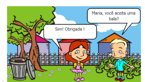 Um menino tem duas balas e divide com sua amiga.<br />
Assim que esse menino dá a sua bala para o amiga ele joga o papel no chão e seu amiga questiona:<br />
_ Porque não joga o papel na lixeira logo ali?<br />
Ele responde:<br />
_ Está longe e além do mais terá uma pessoa que recolherá esse lixo para mim<br />
A amiga finaliza dizendo:<br />
_ Pegue seu lixo e jogue em uma lata de lixo ou guarde na sua mochila, pois poderá haver enchentes e entupir boeiros, por exemplo. Com isso e muitos cuidados teremos um mundo melhor!<br />
fim.<br />
