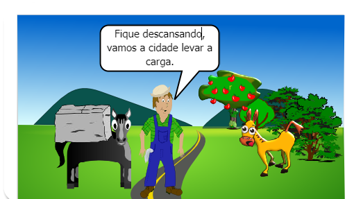 UM BURRO ADOECIDO DE TANTO CARREGAR TROUXAS DE ROUPAS PARA A CIDADE PEDE AJUDA AO SEU AMIGO CAVALO QUE PROMETE AJUDA-LO MAS NÃO CUMPRE SUA PROMESSA FICANDO POR FIM ENCARREGADO DE LEVAR TUDO SOZINHO.