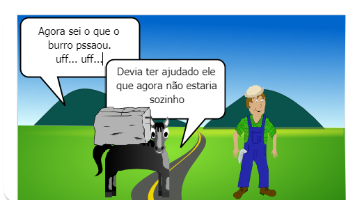 UM BURRO ADOECIDO DE TANTO CARREGAR TROUXAS DE ROUPAS PARA A CIDADE PEDE AJUDA AO SEU AMIGO CAVALO QUE PROMETE AJUDA-LO MAS NÃO CUMPRE SUA PROMESSA FICANDO POR FIM ENCARREGADO DE LEVAR TUDO SOZINHO.