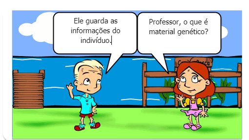 conta a conversa de um aluno e de um professor de ciências, sobre o material genético.