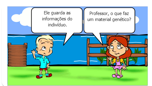 Mostra a conversa de um aluno e de um professor de ciências, sobre o material genético.
