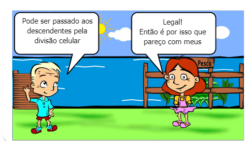 Mostra a conversa de um aluno e de um professor de ciências, sobre o material genético.