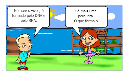 Mostra a conversa de um aluno e de um professor de ciências, sobre o material genético.