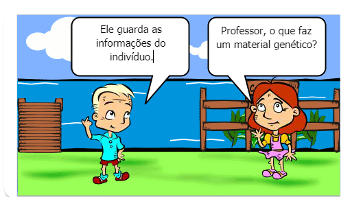 Mostra a conversa de um aluno e de um professor de ciências, sobre o material genético.