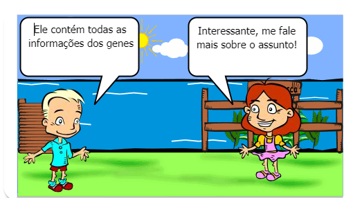 Mostra a conversa de um aluno e de um professor de ciências, sobre o material genético.