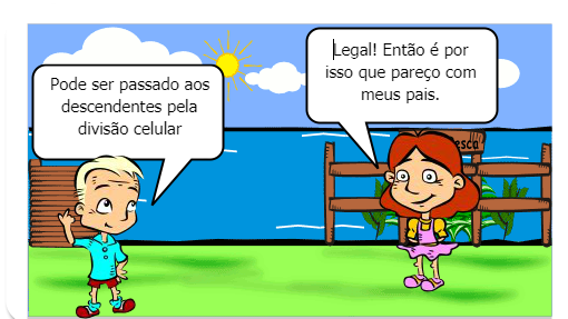 Mostra a conversa de um aluno e de um professor de ciências, sobre o material genético.