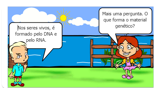 Mostra a conversa de um aluno e de um professor de ciências, sobre o material genético.