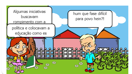 Um breve diálogo entre dois colegas sobre os períodos históricos da Educação do Campo no Brasil.