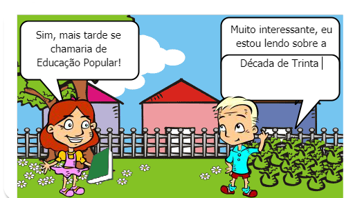 Um breve diálogo entre dois colegas sobre os períodos históricos da Educação do Campo no Brasil.