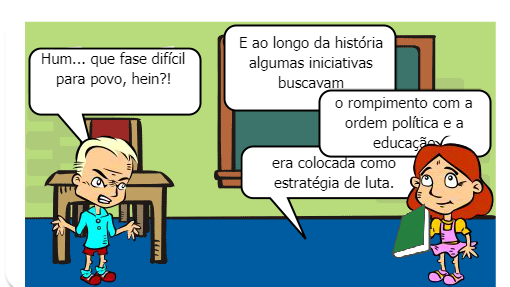 Um breve diálogo entre dois colegas sobre os períodos históricos da Educação do Campo no Brasil.