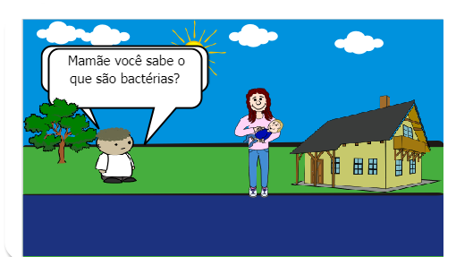 Na aula de Ciências João aprendeu sobre as bactérias do bem e as bactérias do mal. Quando chegou em casa ele explicou para a mãe sobre elas. 