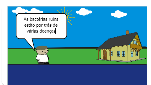 Na aula de Ciências João aprendeu sobre as bactérias do bem e as bactérias do mal. Quando chegou em casa ele explicou para a mãe sobre elas. 