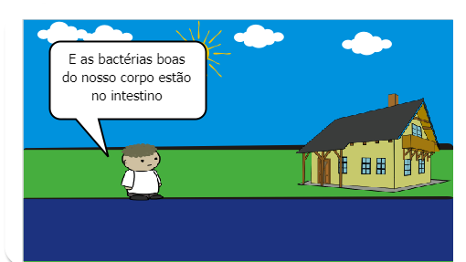 Na aula de Ciências João aprendeu sobre as bactérias do bem e as bactérias do mal. Quando chegou em casa ele explicou para a mãe sobre elas. 