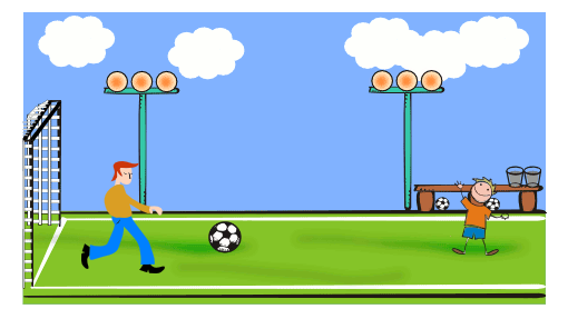 É um jogo de futebol quando o Jogador chuta a bola bem alto e um passarinho pega a bola e vai embora.