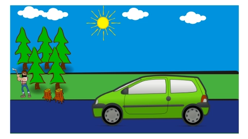 Gabi foi viajar para interior, passou por muitas árvores e viu os lenhadores trabalhar...