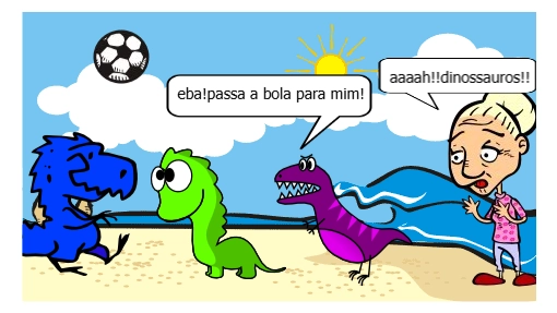 dinossauros jogam bola na praia.