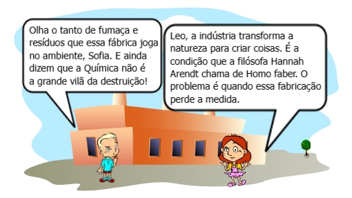 Leo e Sofia observando a fábrica ao fundo com as chaminés soltando fumaça.
Sofia gesticula, explicando com calma para Leo.